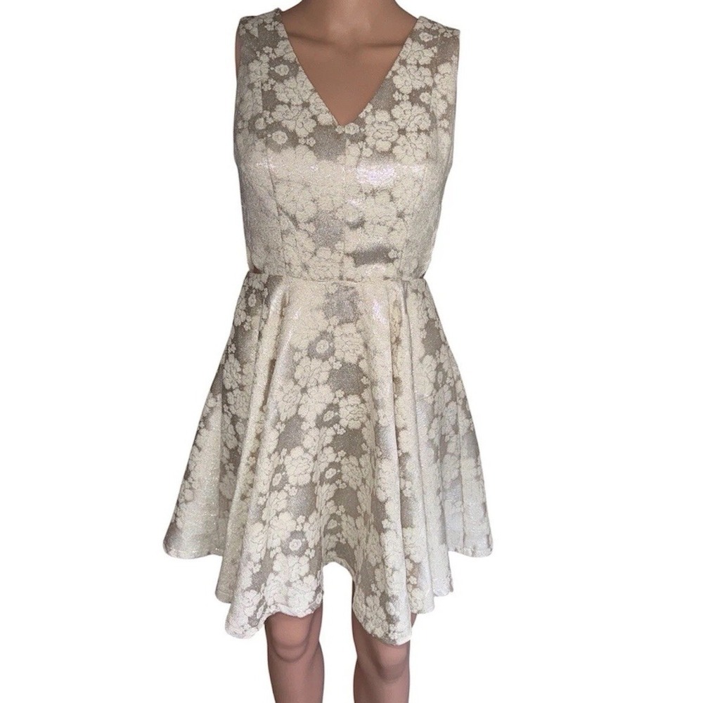 Blue Rain Ivory Gold Metallic Jacquard Side Cutout Fit Flare Dress XS